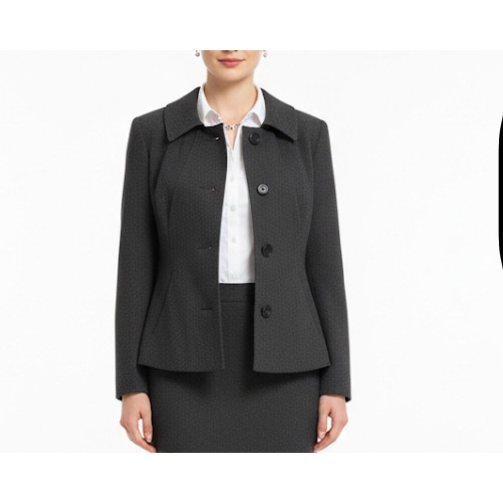 Atelier Women's Charcoal Gray Textured Polyester-Blend LS Suit Jacket Size 6